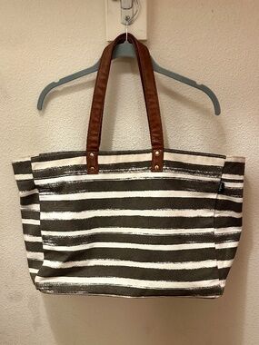 Maika Charcoal (gray) Stripes Carryall tote bag with brown shoulder straps